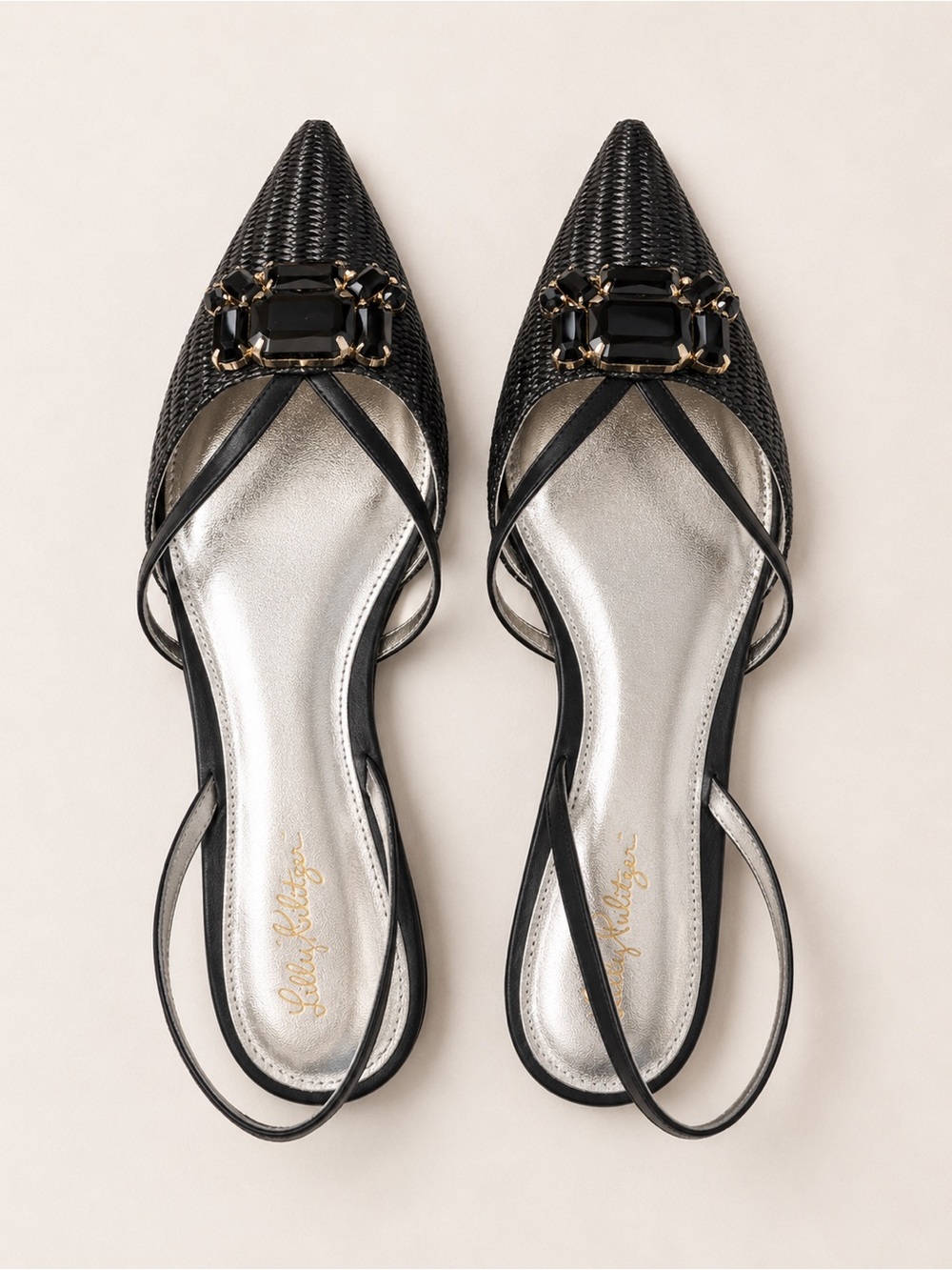 Lilly Pulitzer Black Pointed Slingback Flats with Gem Accent